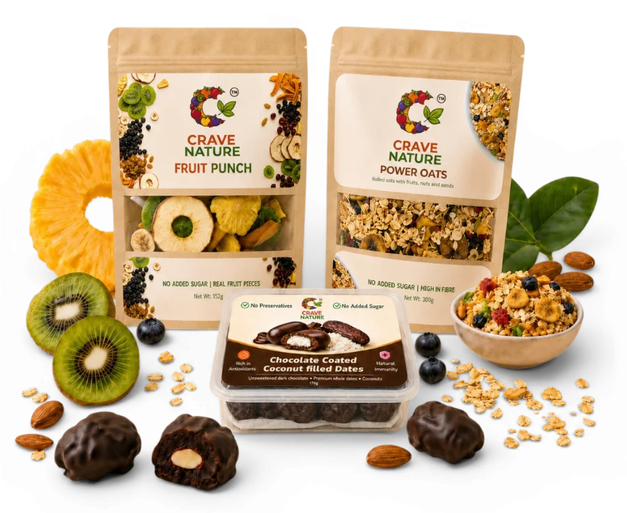 Crave Nature hero composition showing Fruit Punch, Power Oats, and chocolate dates with real ingredients